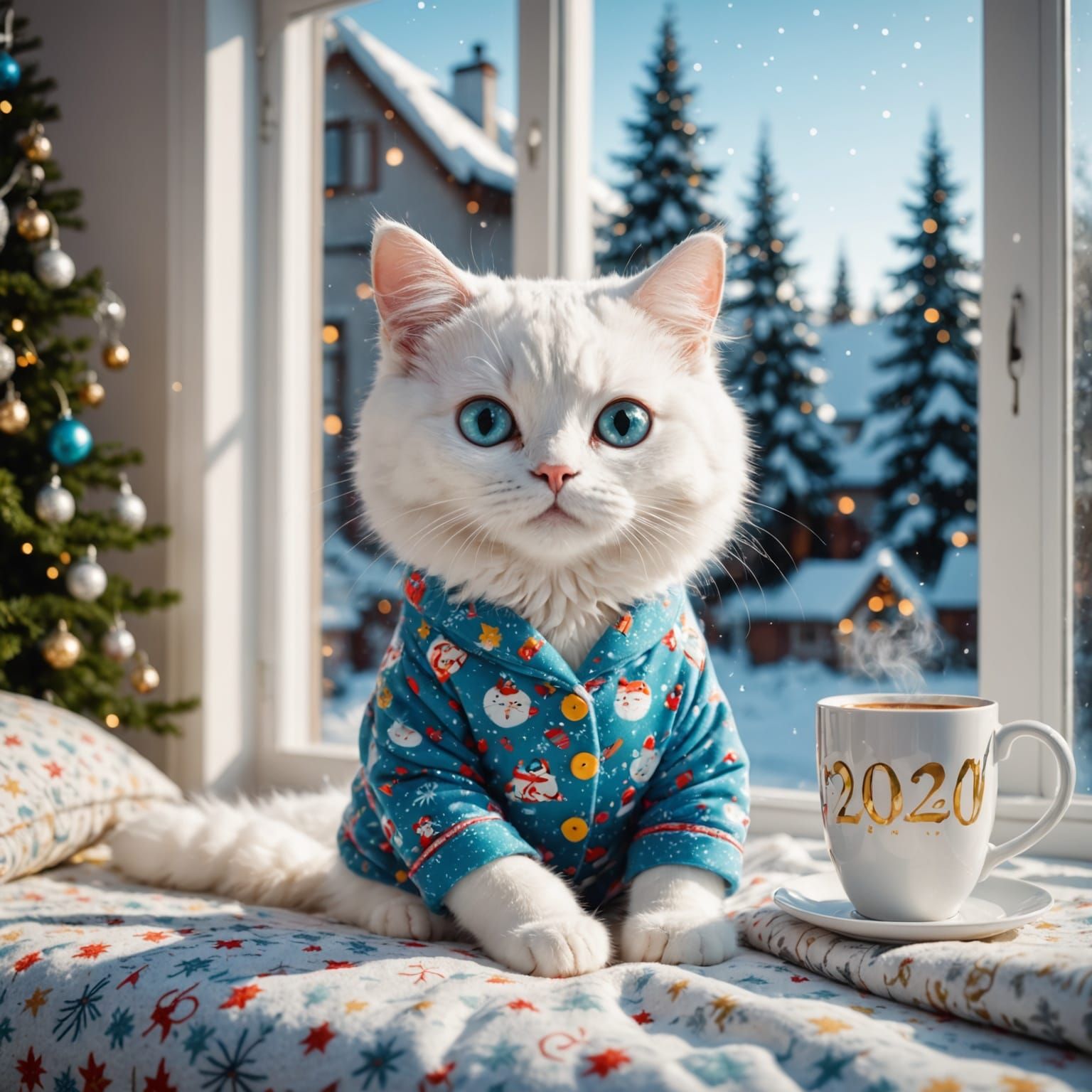 A Beautiful Cartoon Cat in Festive Winter Pajamas