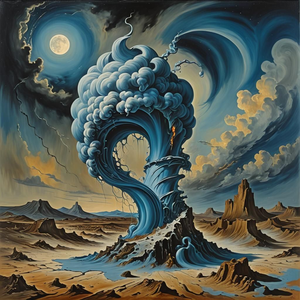 Surreal Blue Tornado on the Moon as Oil Painting