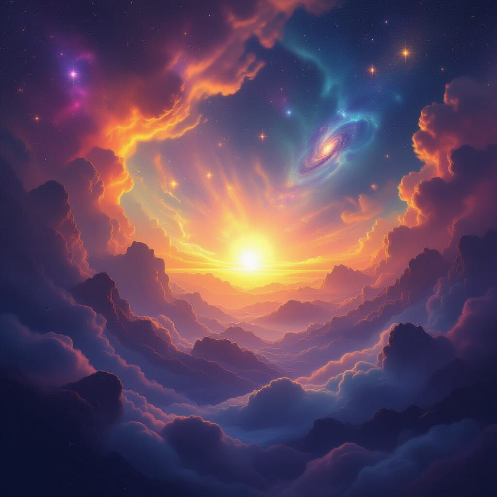 Mystical Sunrise Over Cosmic Nebulae Landscape