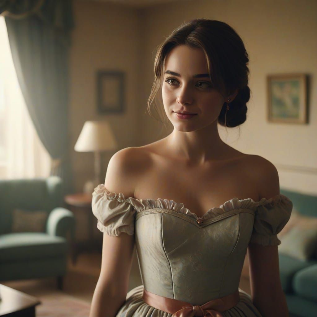 Worried Young Man in Frilly Dress Serving Tea