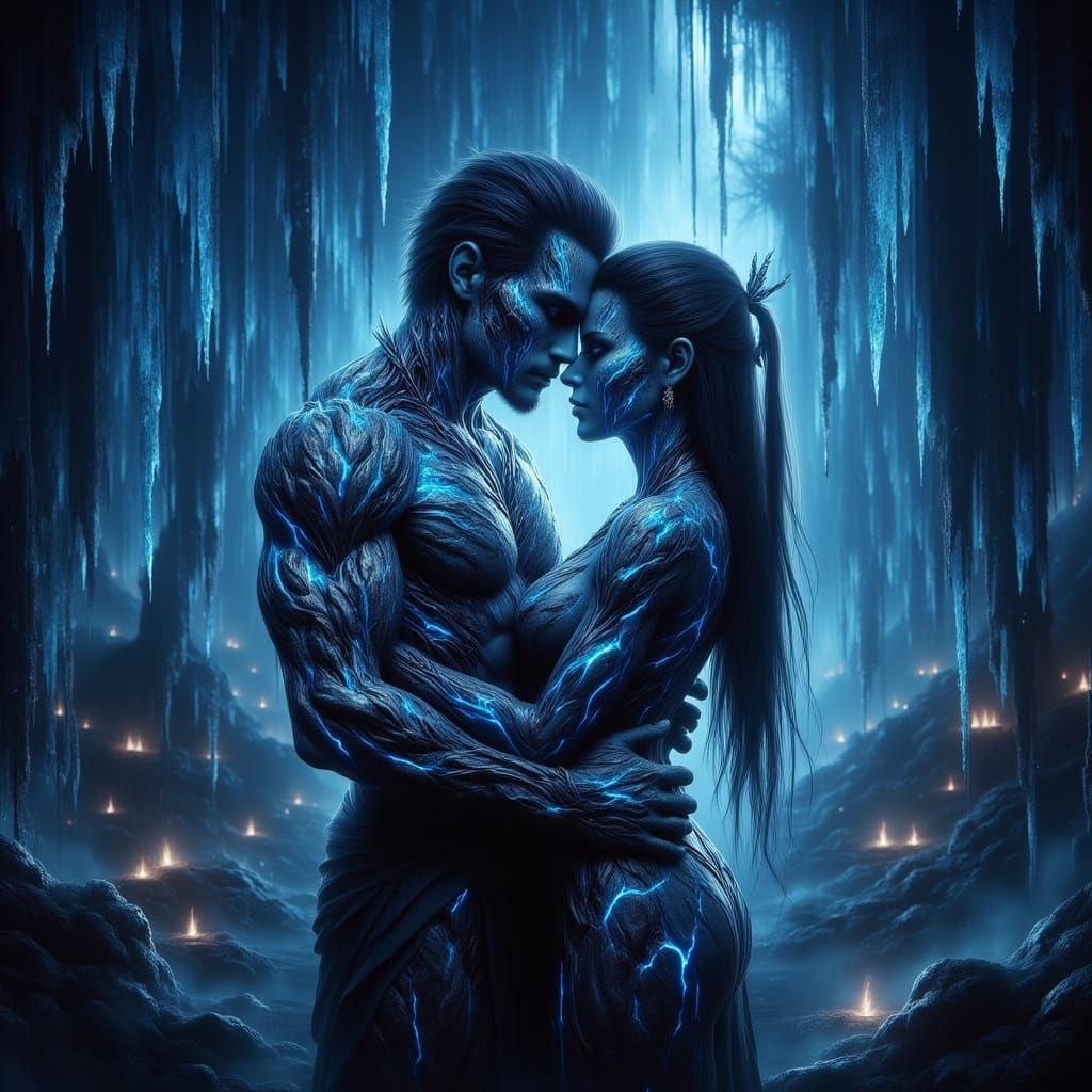 Forbidden Na'vi Couple Embrace in Bioluminescent Pandora