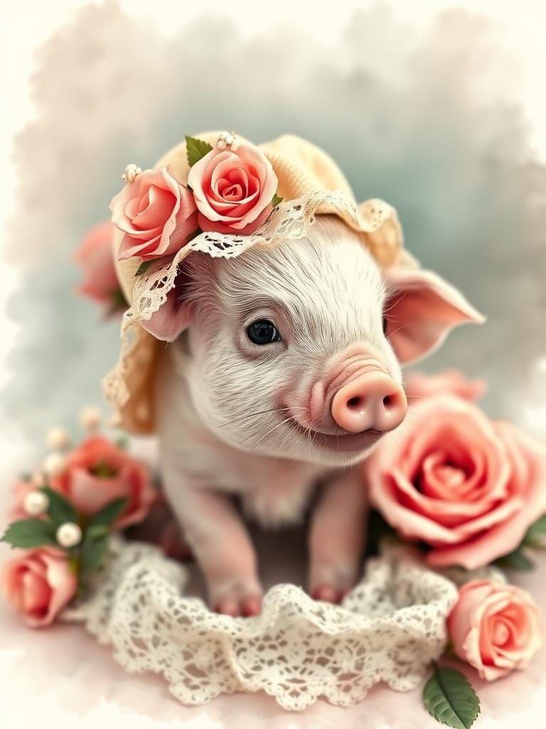 Vintage Baby Piglet in Romantic Floral Hat