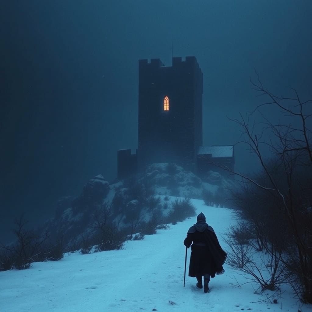 Dark Winter Landscape with Lone Knight Approaching a Castle