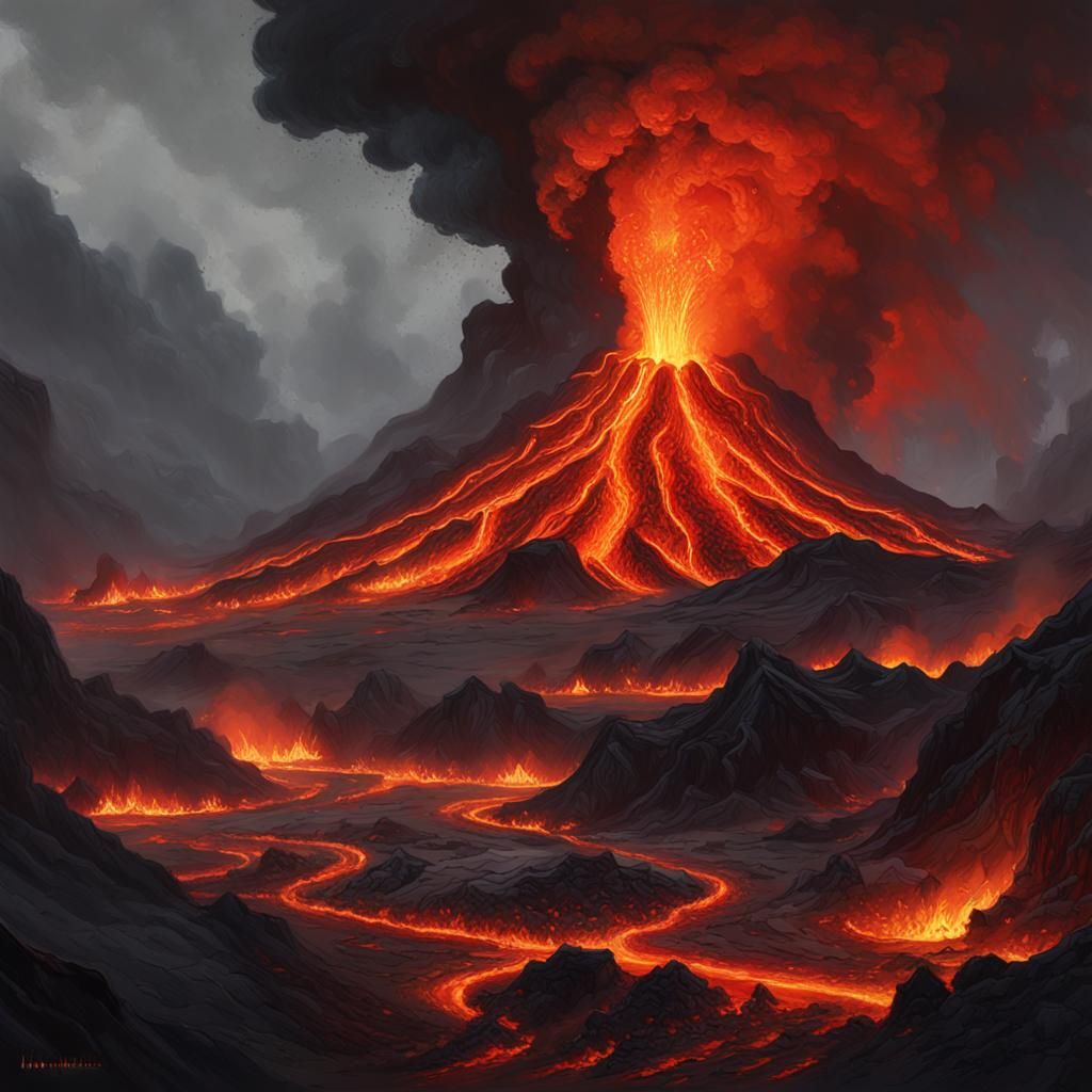 Erupting Volcano Oil Painting in Dark Fantasy Style