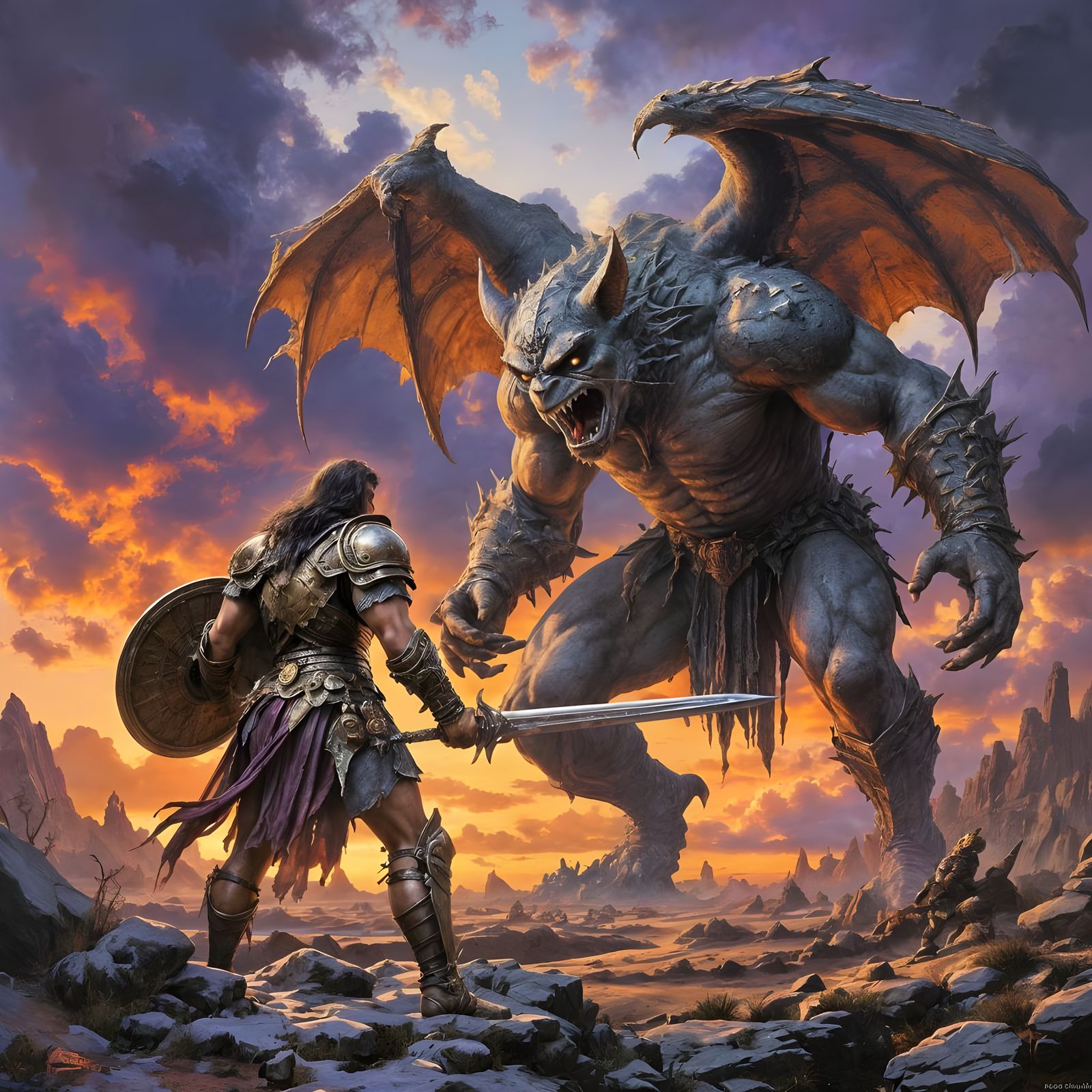 Warrior Confronts Gargoyle in Epic Fantasy Art