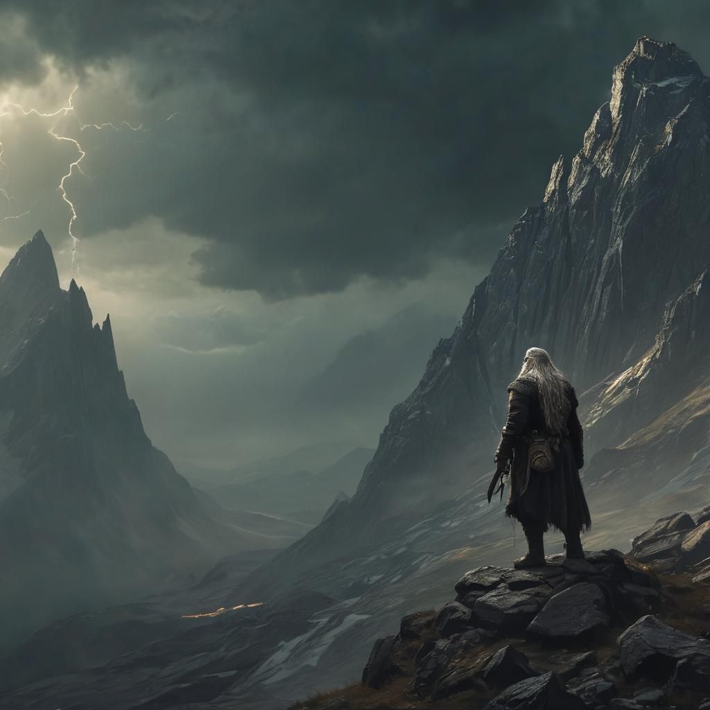 Odin on Stormy Peak in Dark Fantasy Style