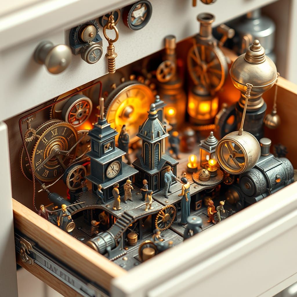 Steampunk City of Miniature People in Kitchen Drawer