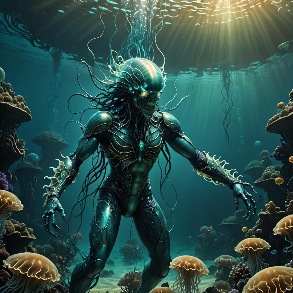 Humanoid Creature Swimming in Surreal Biomech Style