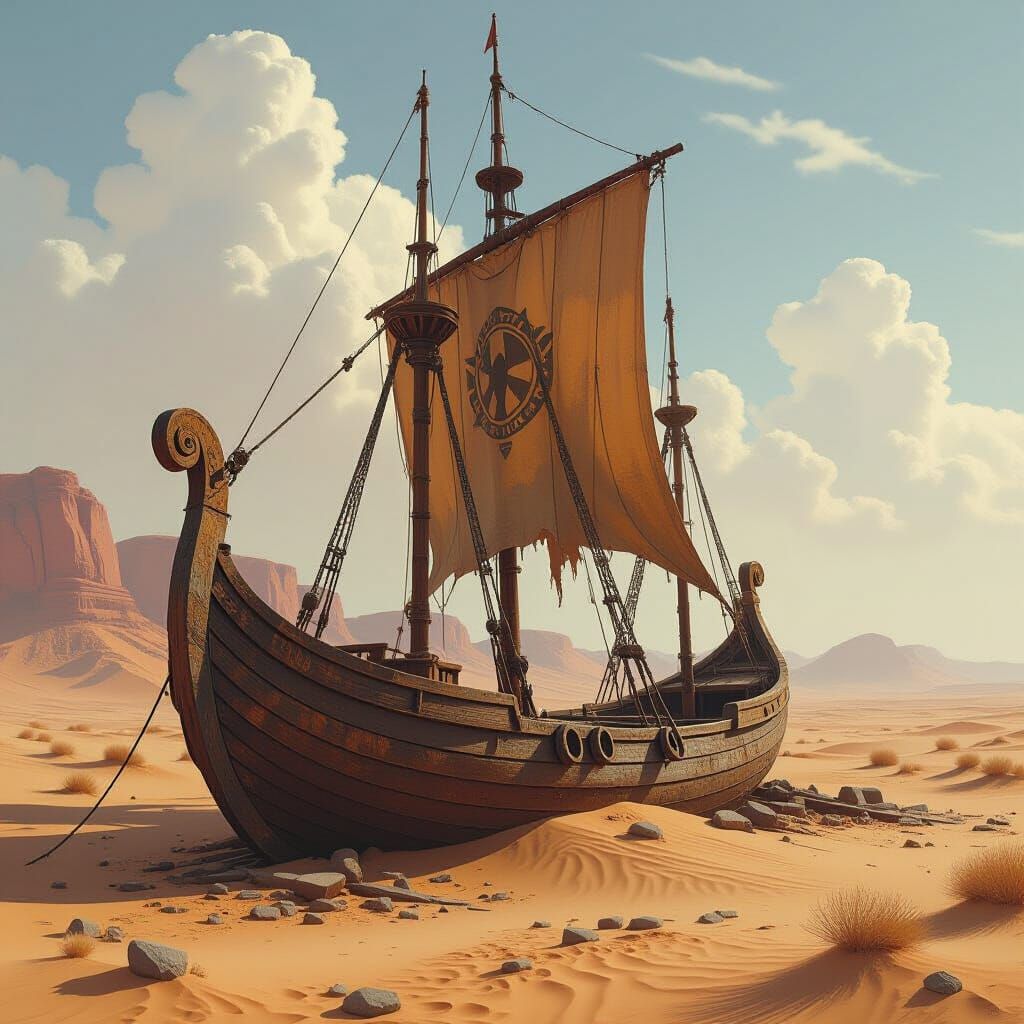 Shipwrecked Viking Vessel in Surreal Desert Landscape