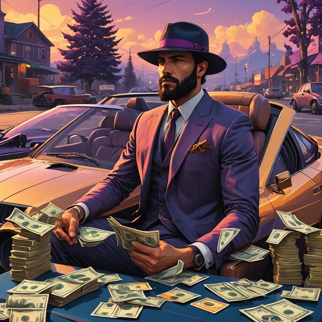 Young Man Counting Cash in Fantasy Sports Car