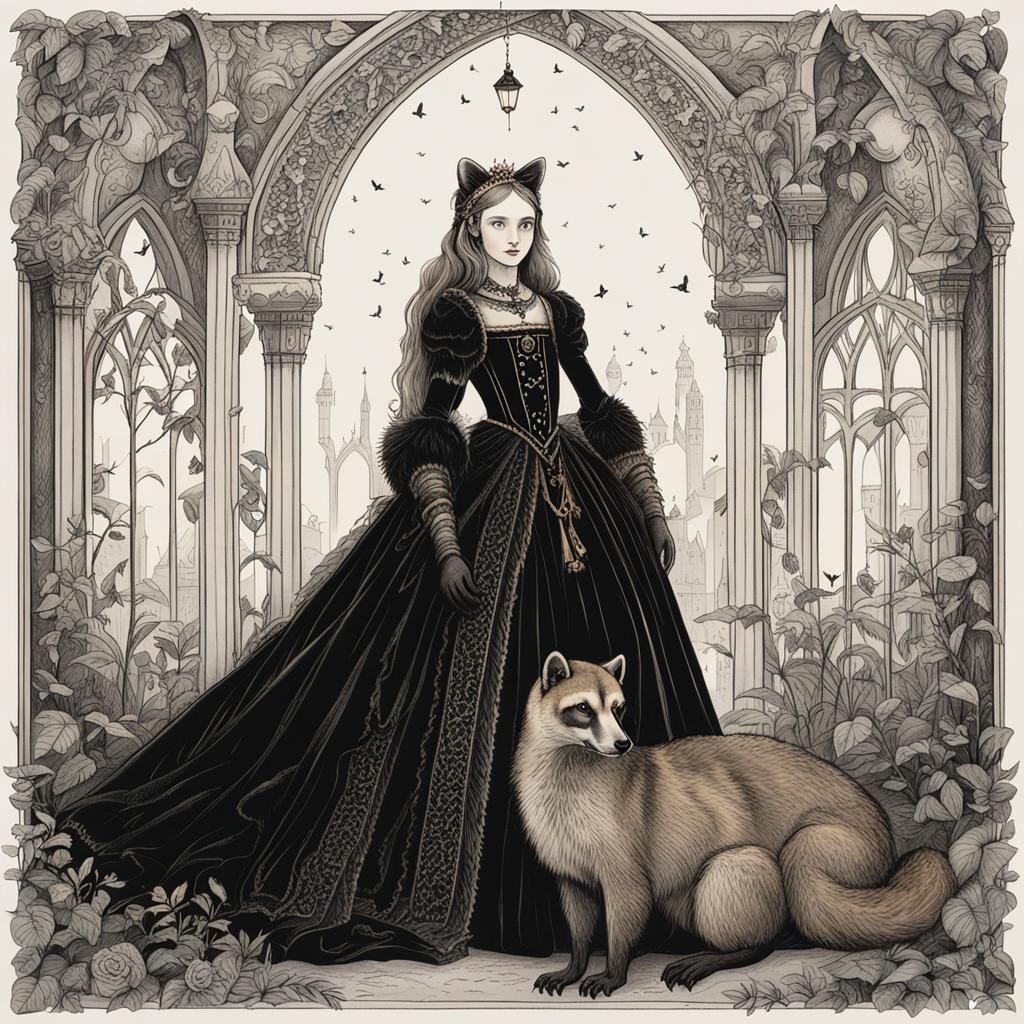 Princess and Coati in Gothic Art Style