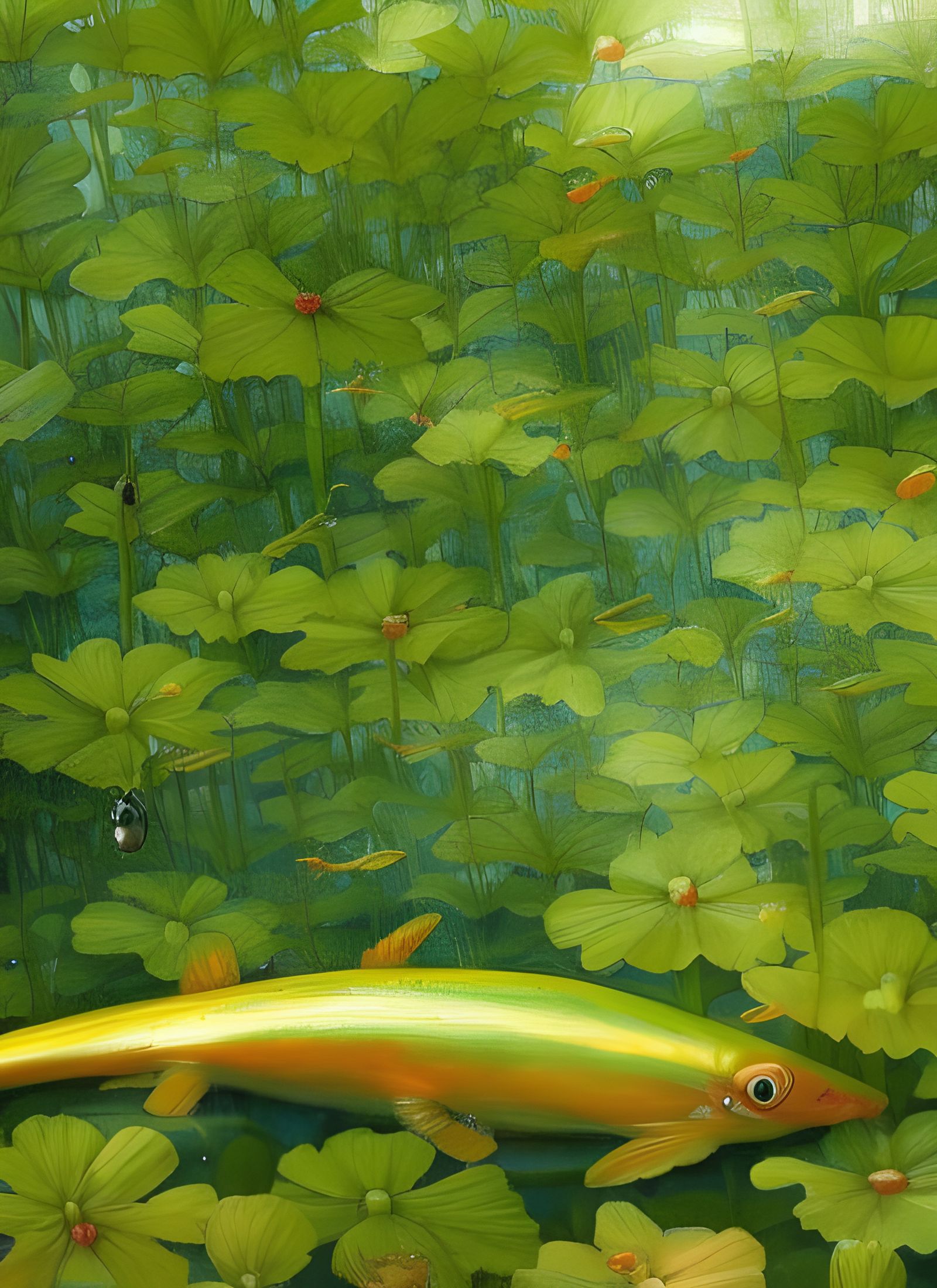 Lush Garden with Nonhuman Being, in Surreal Style