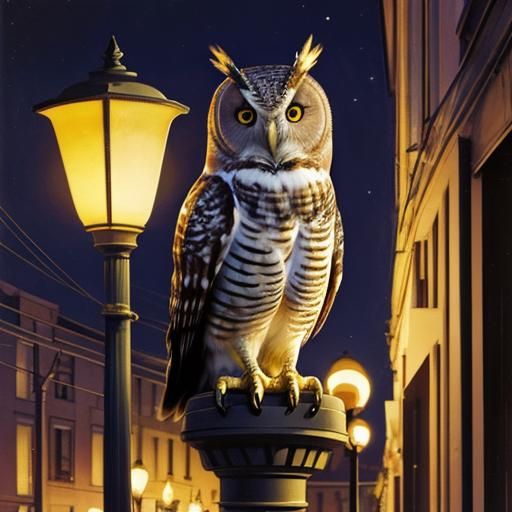 Futuristic Owl on Streetlamp in Pointillist Style