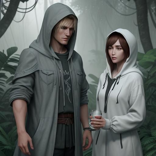 Hooded Figures Toasting in Rainy Jungle, 3D Render