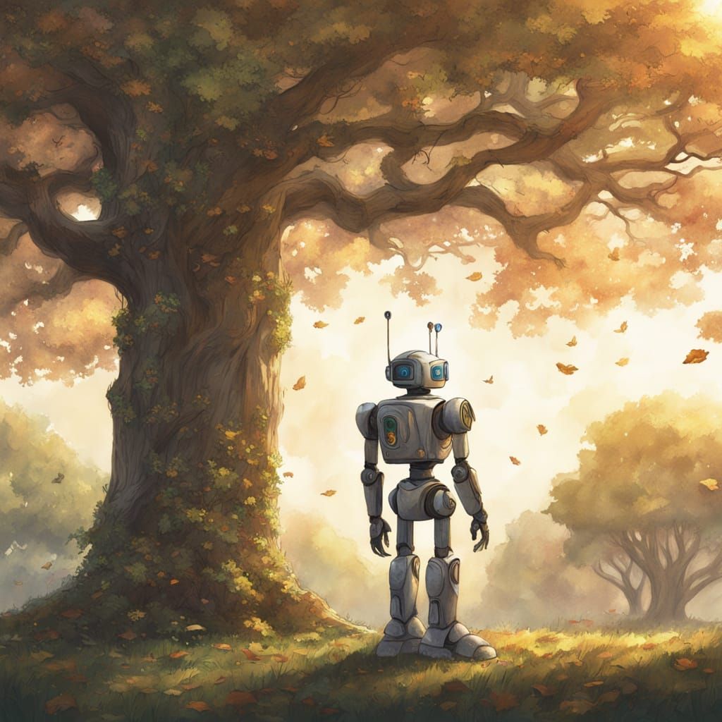 Robot Contemplates Nature Under Oak Tree in Ghibli Style