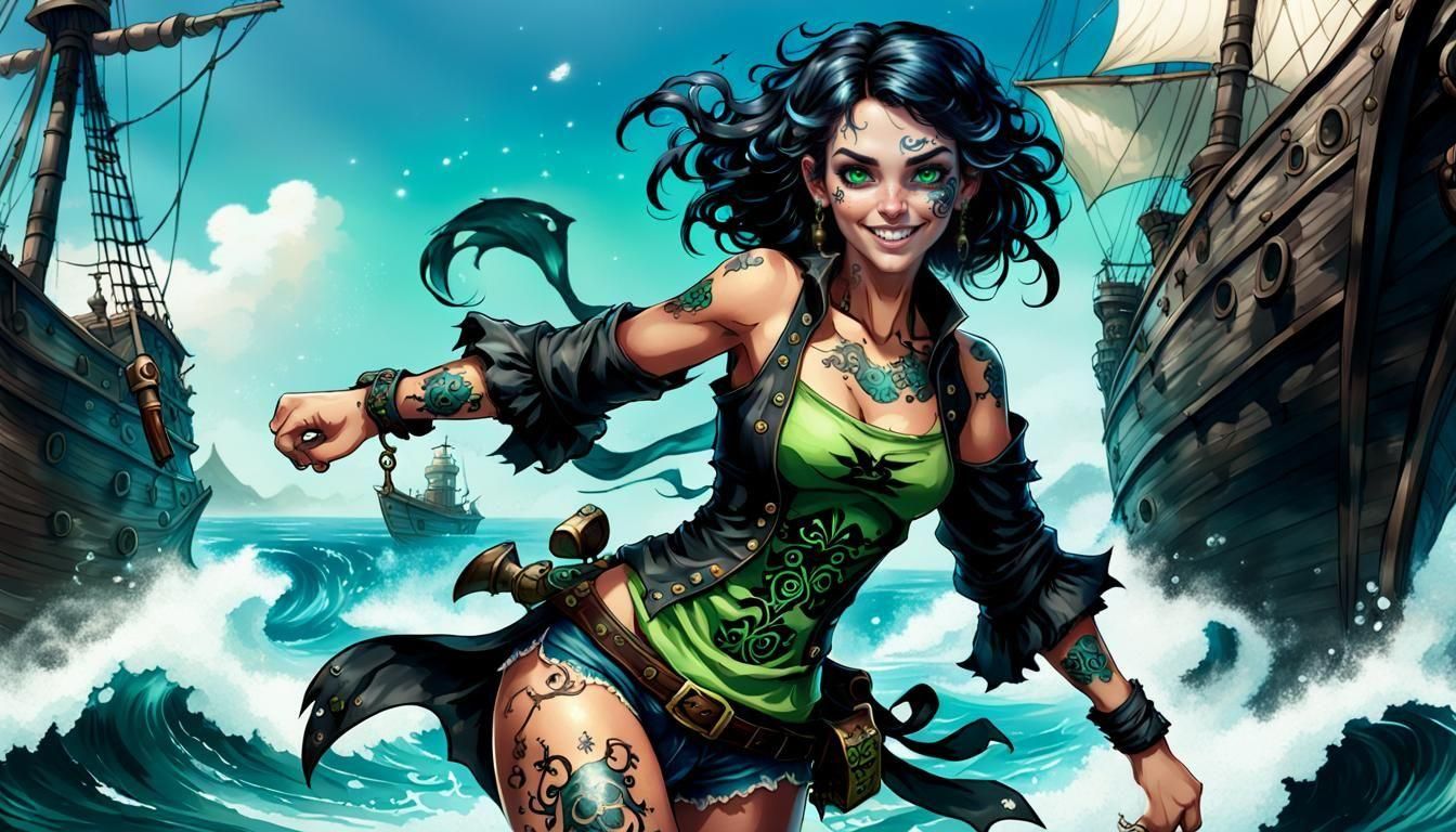 Beautiful Blue-Skinned Pirate Woman in RPG Style