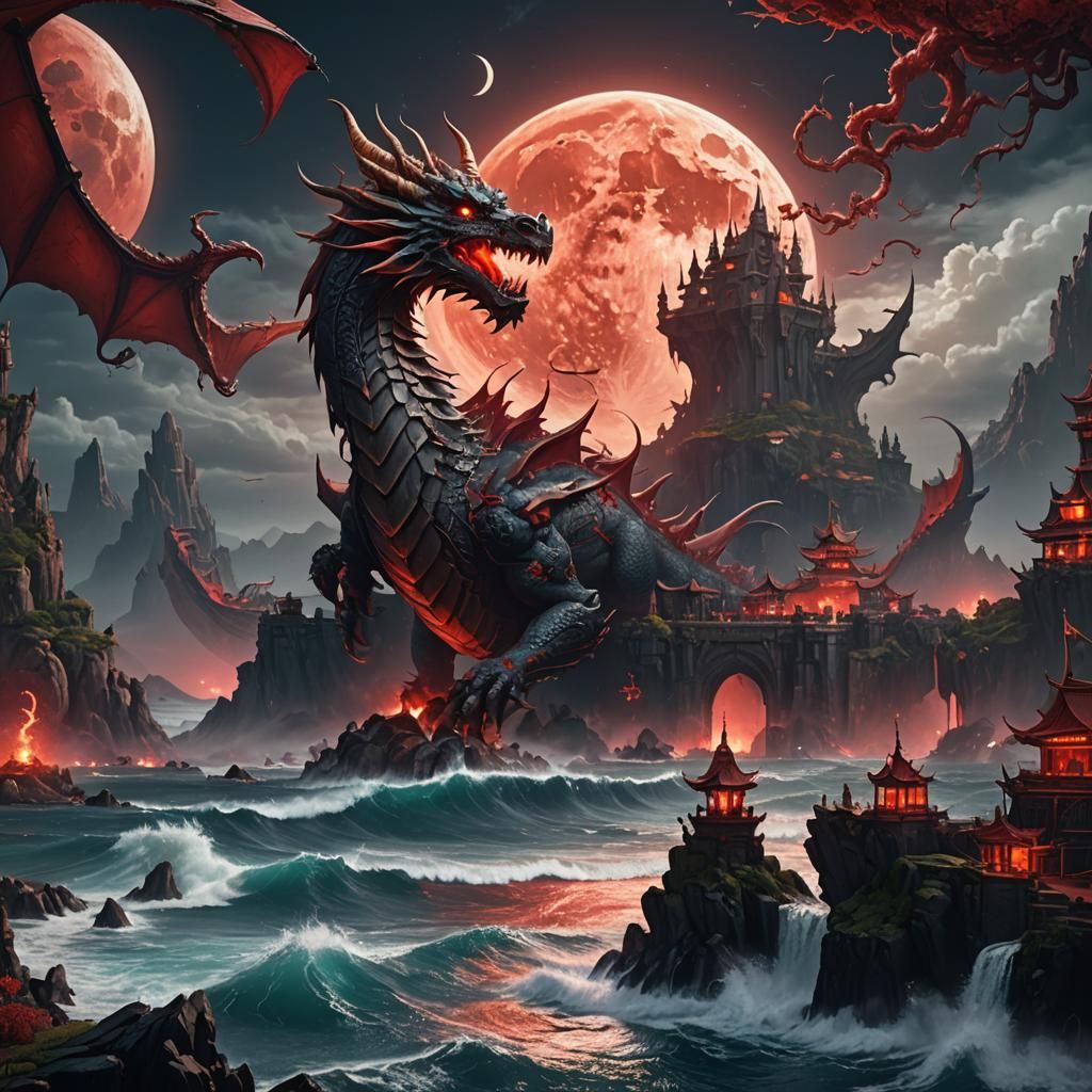 Blood Moon Kingdom Dragon in Ocean Scene