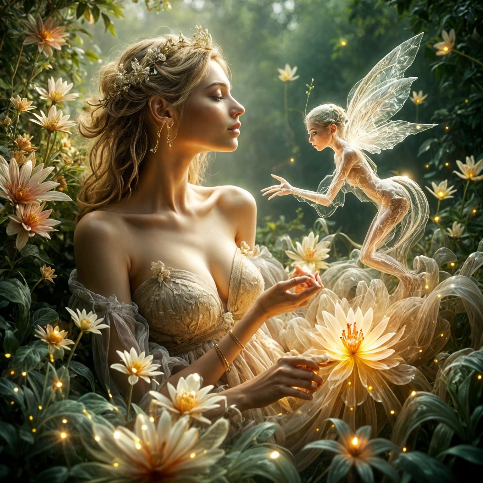 Magical Realism Garden Scene with Elf Presenting