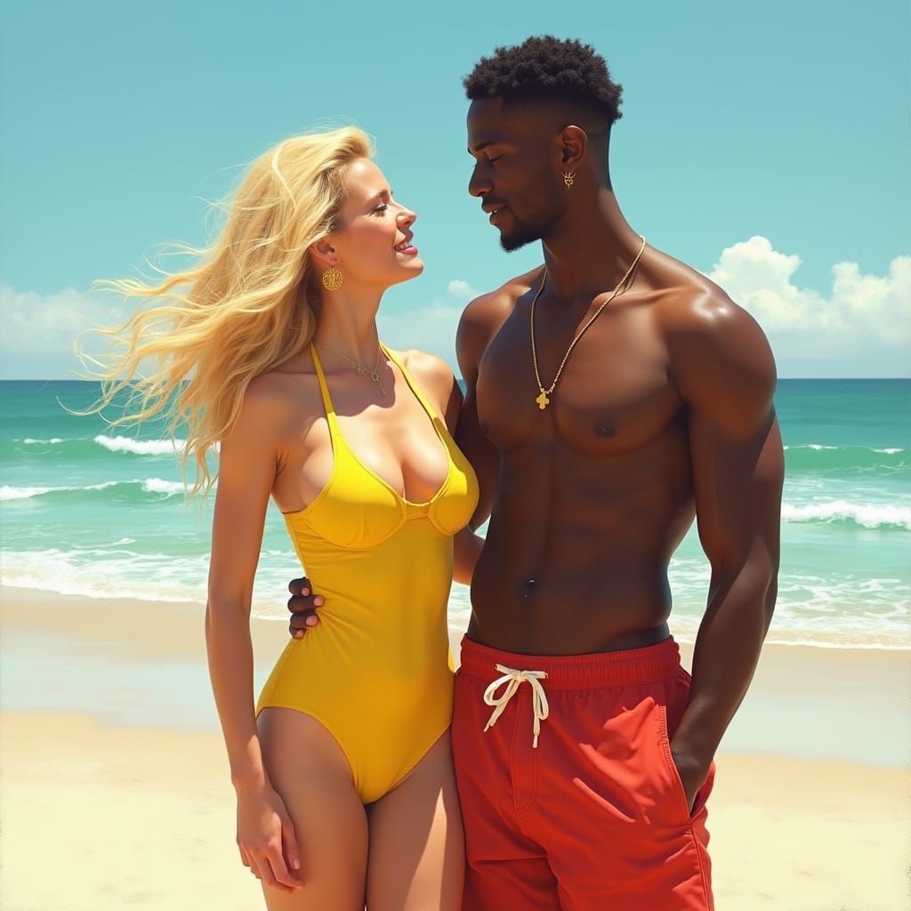 Beach Scene: Woman Captivated by Man in Swimwear