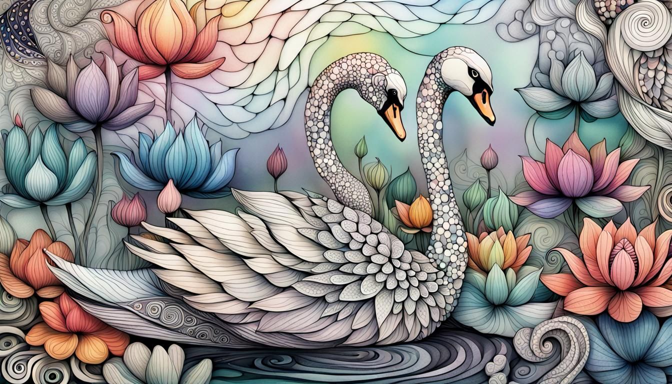 Whimsical Swan with Water Lilies in Zentangle Style