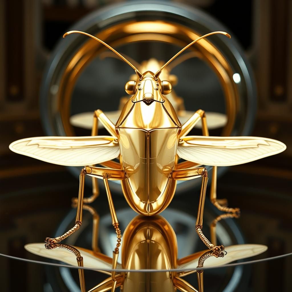 Giant Chrome Katydid Insect in Mirror