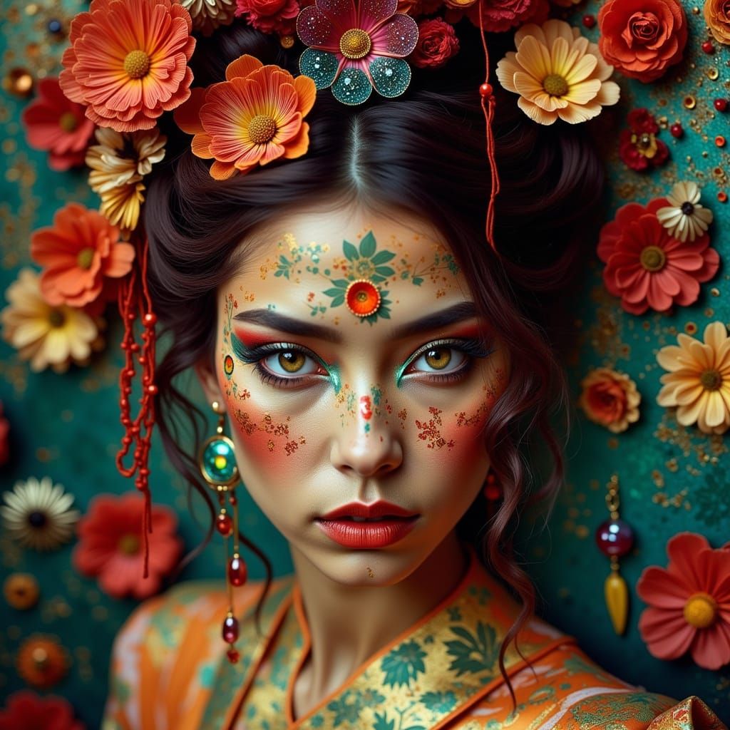 Geisha Punk Portrait in Vibrant Amber and Bold Lines