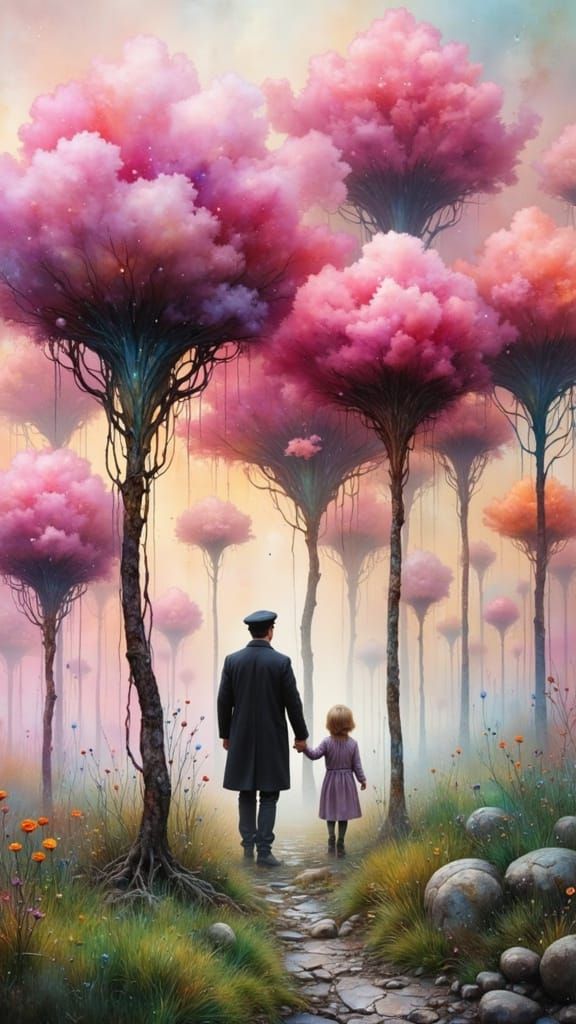 Dreamlike Landscape with Giant Paintbrushes and Cloud Tops