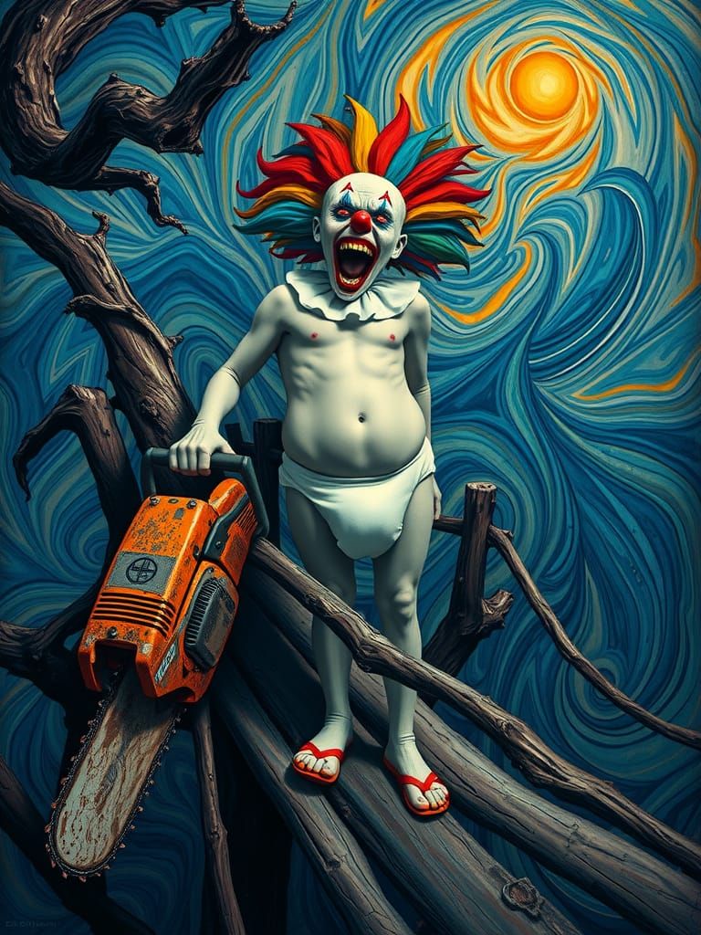 Emotive Rainbow Clown on Twisted Bridge, Surreal Art