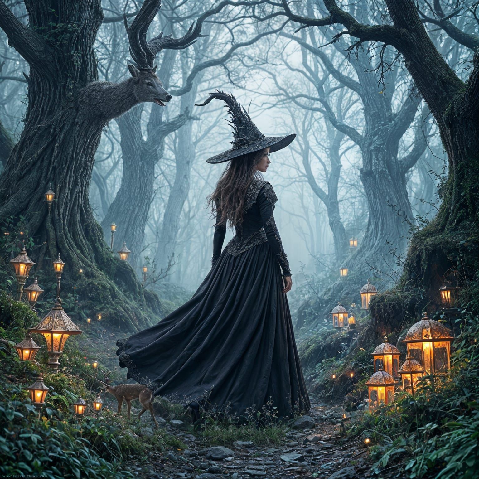 Hyperrealistic Deer Sorceress in Detailed Setting