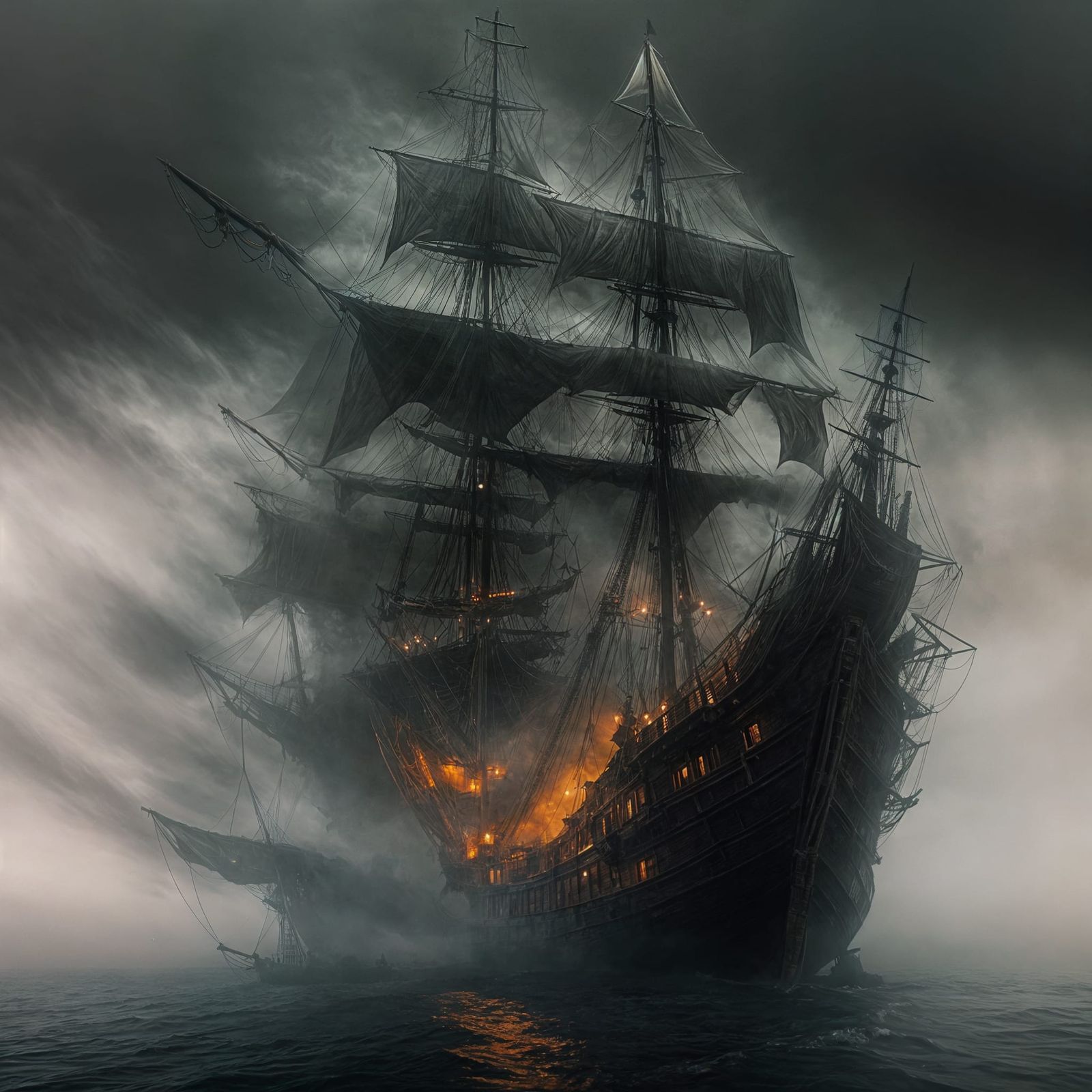 Haunted Pirate Ship in Dark Fog Double Exposure
