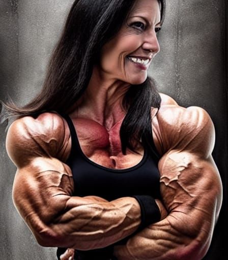 Muscular Female Bodybuilder Flexing Ripped Arms