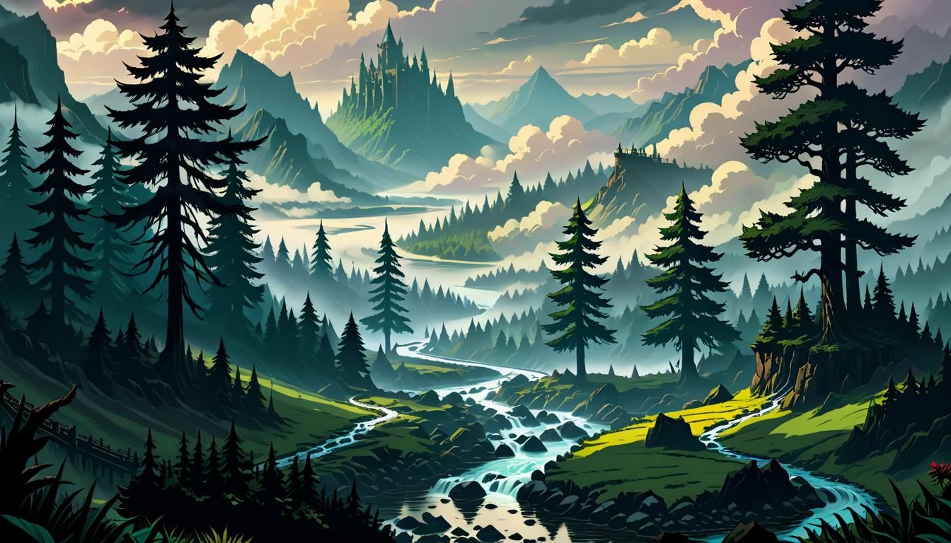 Scenic Valley Forest River in Comic Art Style