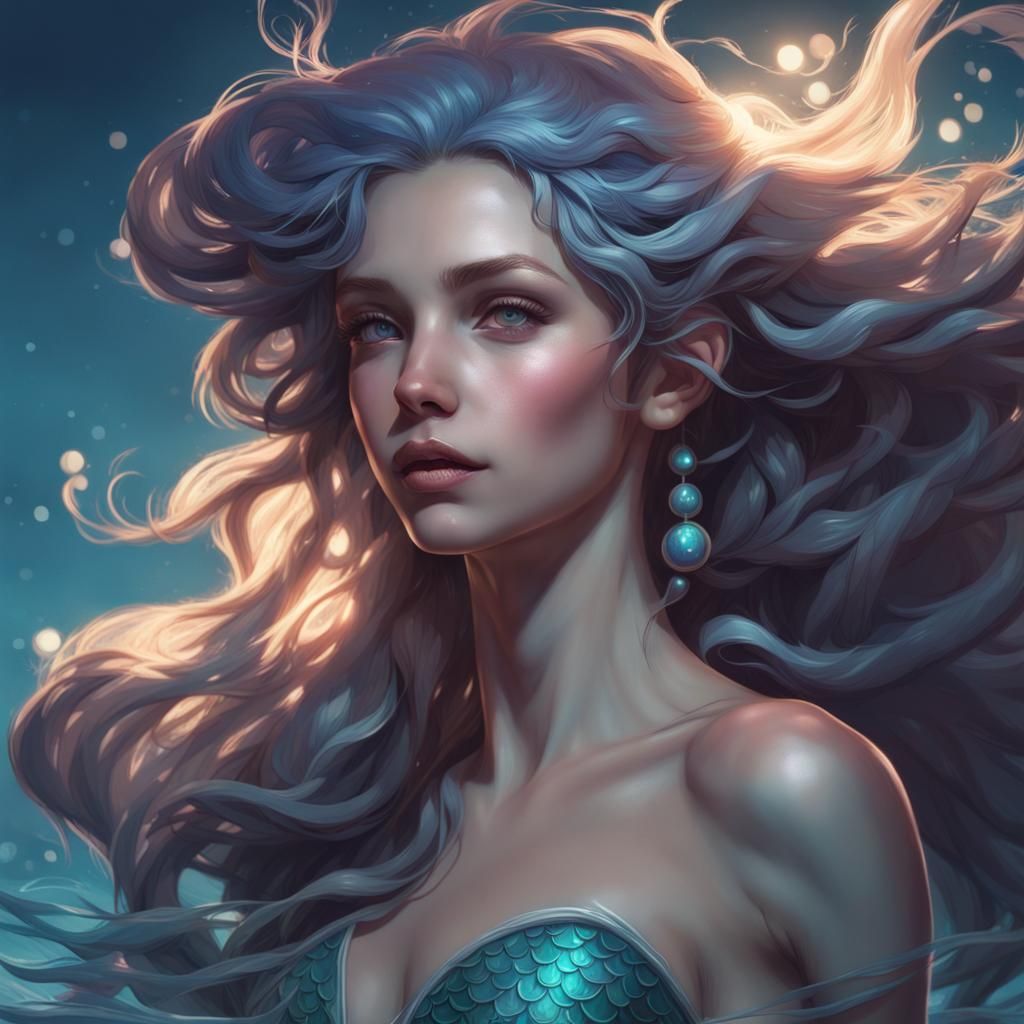 Moonlight Mermaid Portrait in Art Nouveau Style