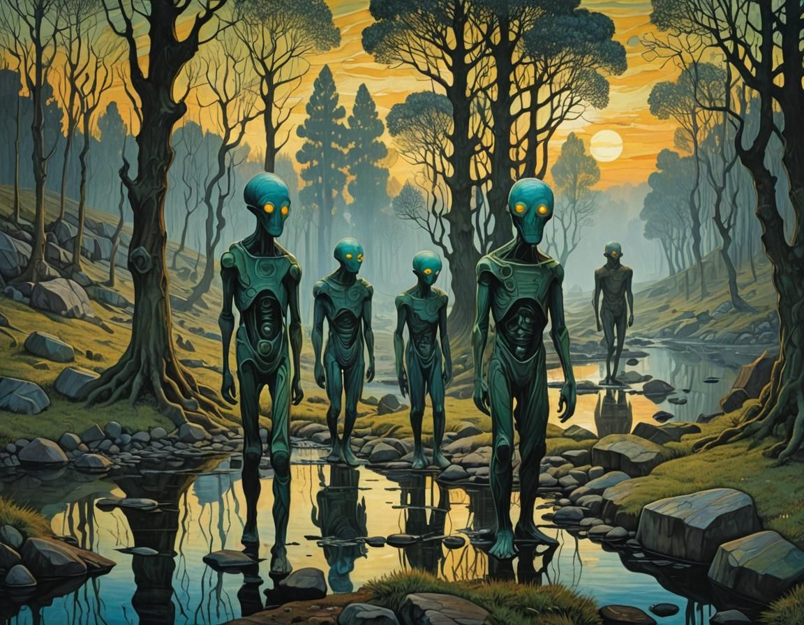 Mysterious Alien Lifeforms Amidst a Vibrant Cubist Sunrise