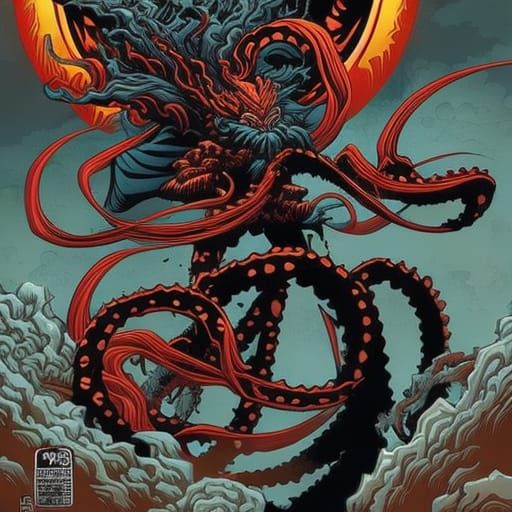 Samurai Octopus in Hokusai Comic Book Art Style