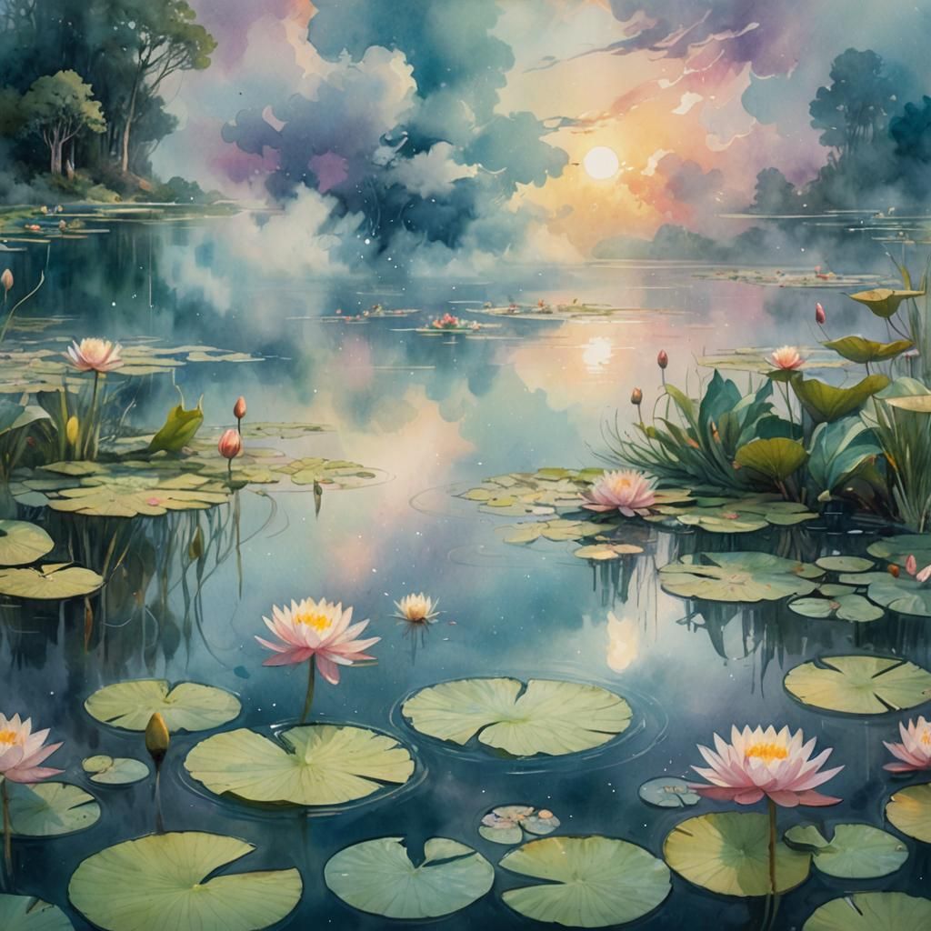 Mystical Being on Lilypad Lake: Watercolor Art