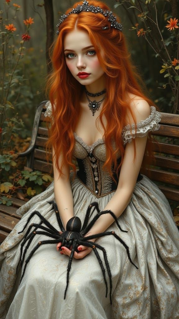Victorian Princess with Spider in Pre-Raphaelite Style
