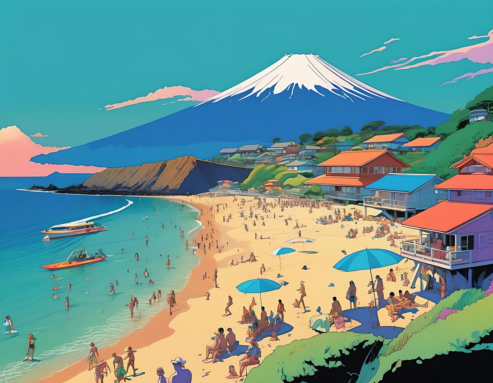 Lively Tropical Beach Scene in Moebius Style