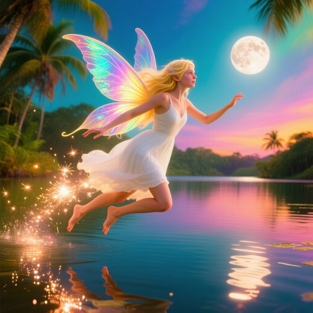 Brilliant Fairy Flying Over Tropical Lake at Moonrise