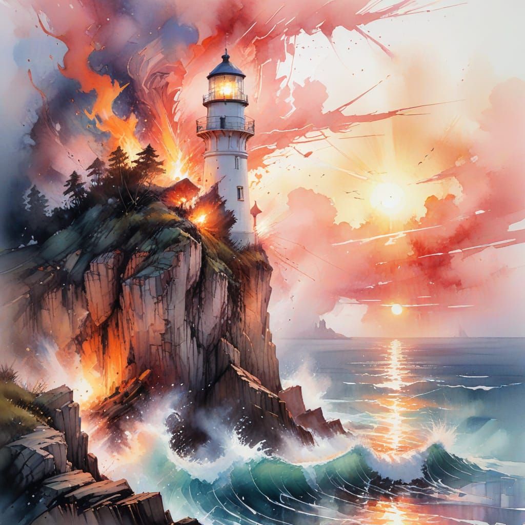 Lighthouse at Sunrise in Stylized Watercolour
