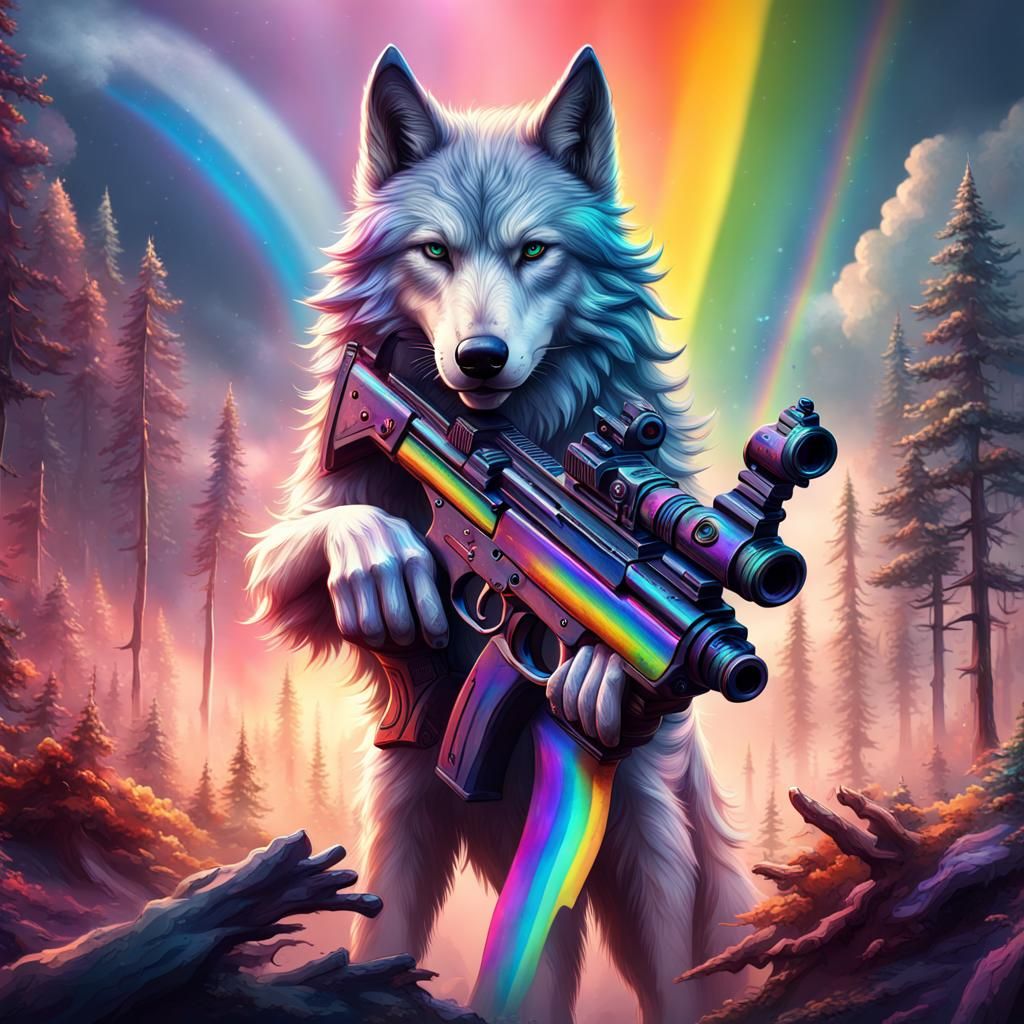 Mystical Wolf with Rainbow Weapon, Digital Art