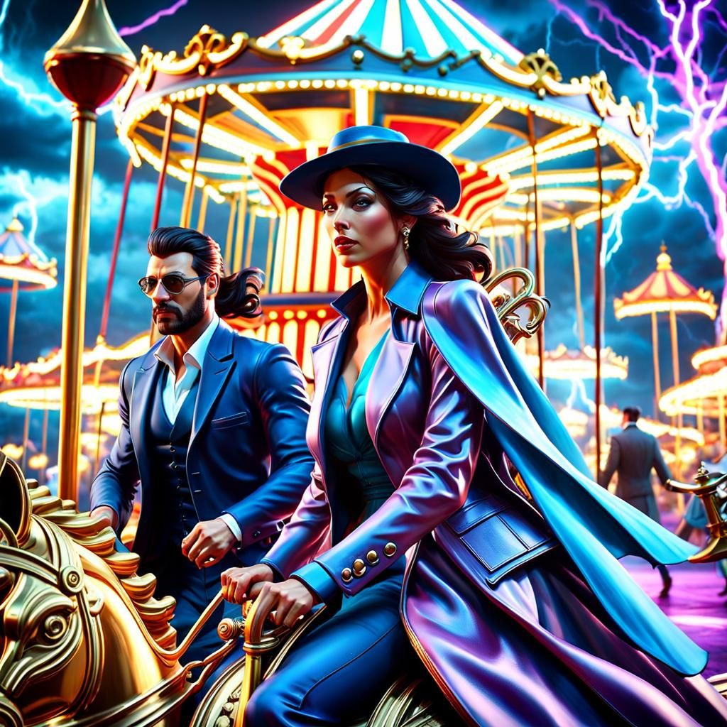 Private Eye on Merry-Go-Round in Storm: Dark Fantasy Art