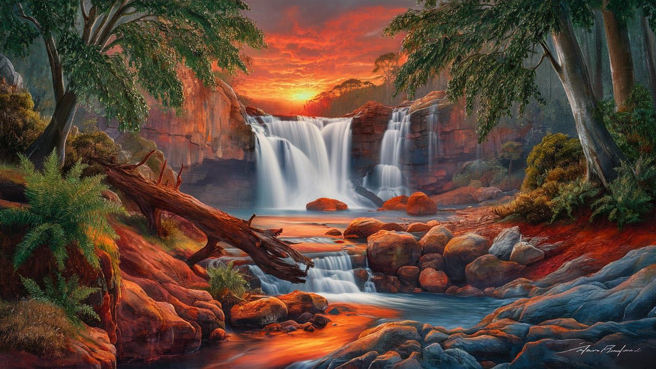 Ethereal Sunset Falls in a Photorealistic Landscape