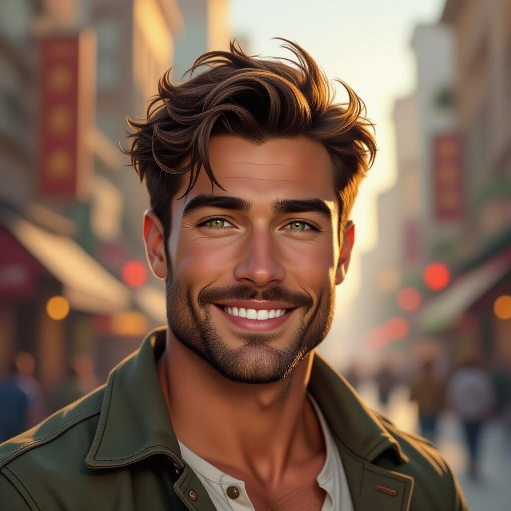 Masculine Hero in Golden Hour Cityscape