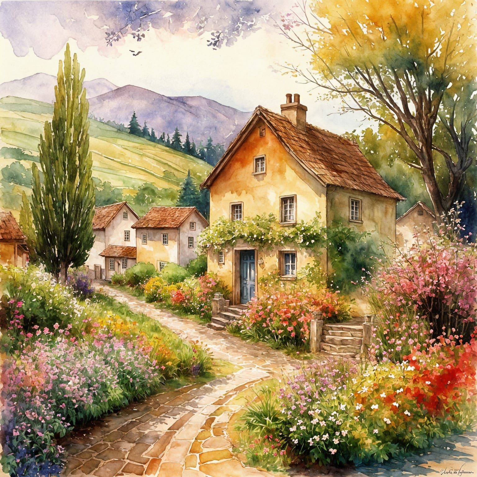 Charming Rustic Village in Watercolor and Ink