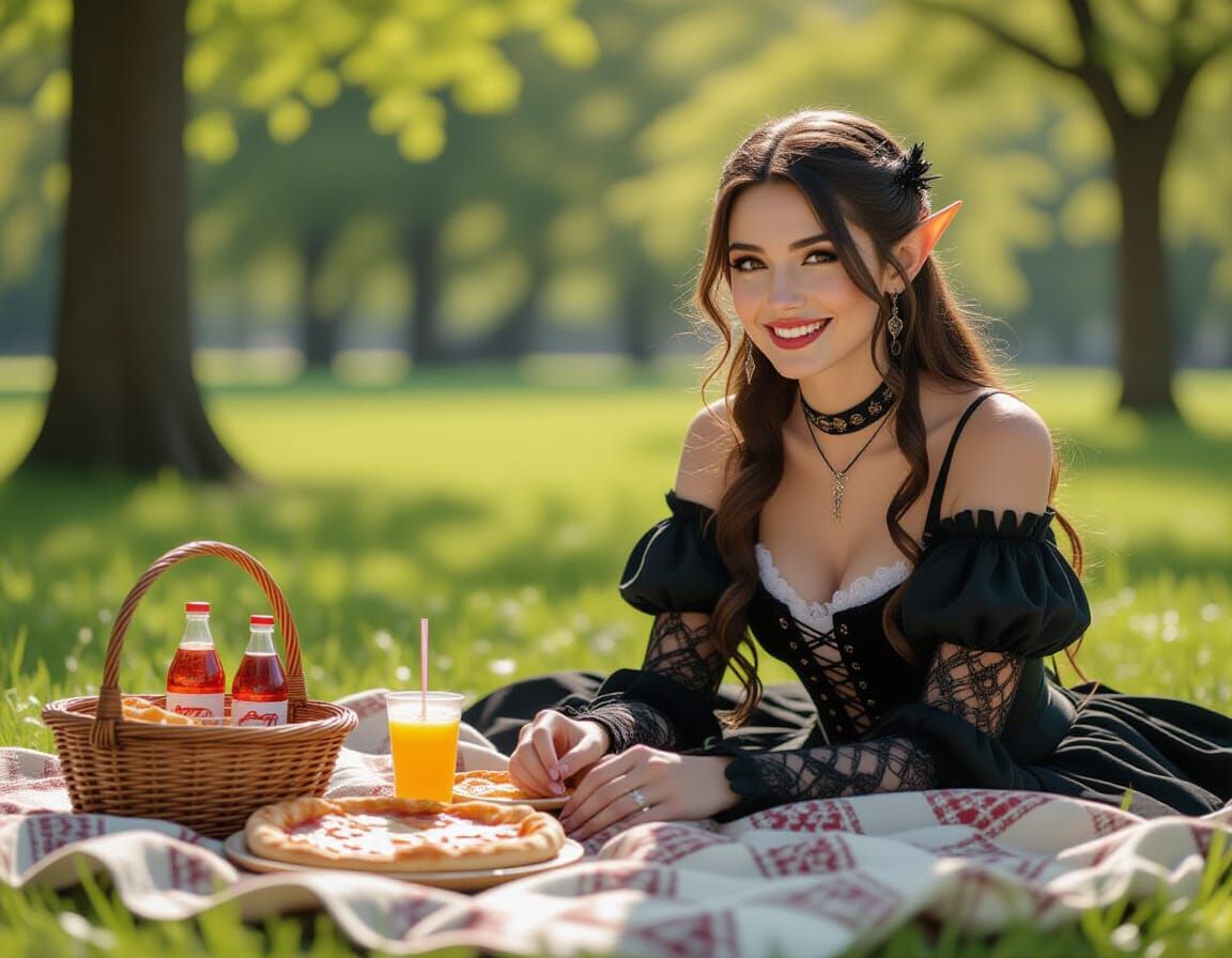 Gothic Elf Enjoys Solitary Picnic in Park