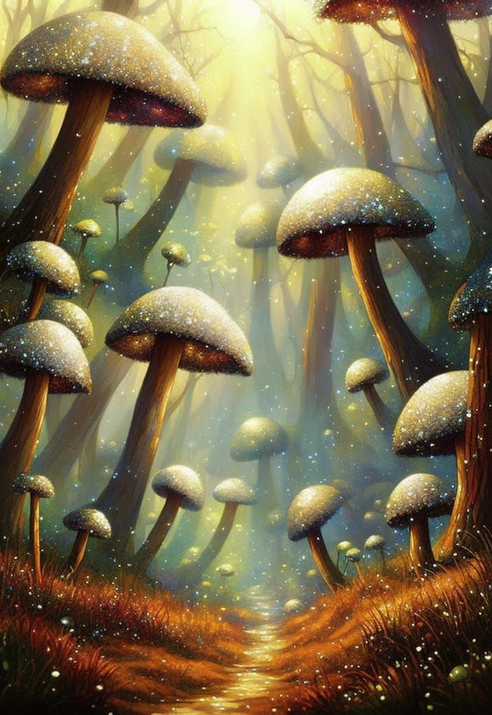 Glittering Magical Mushroom Forest in Expressive Painting St...