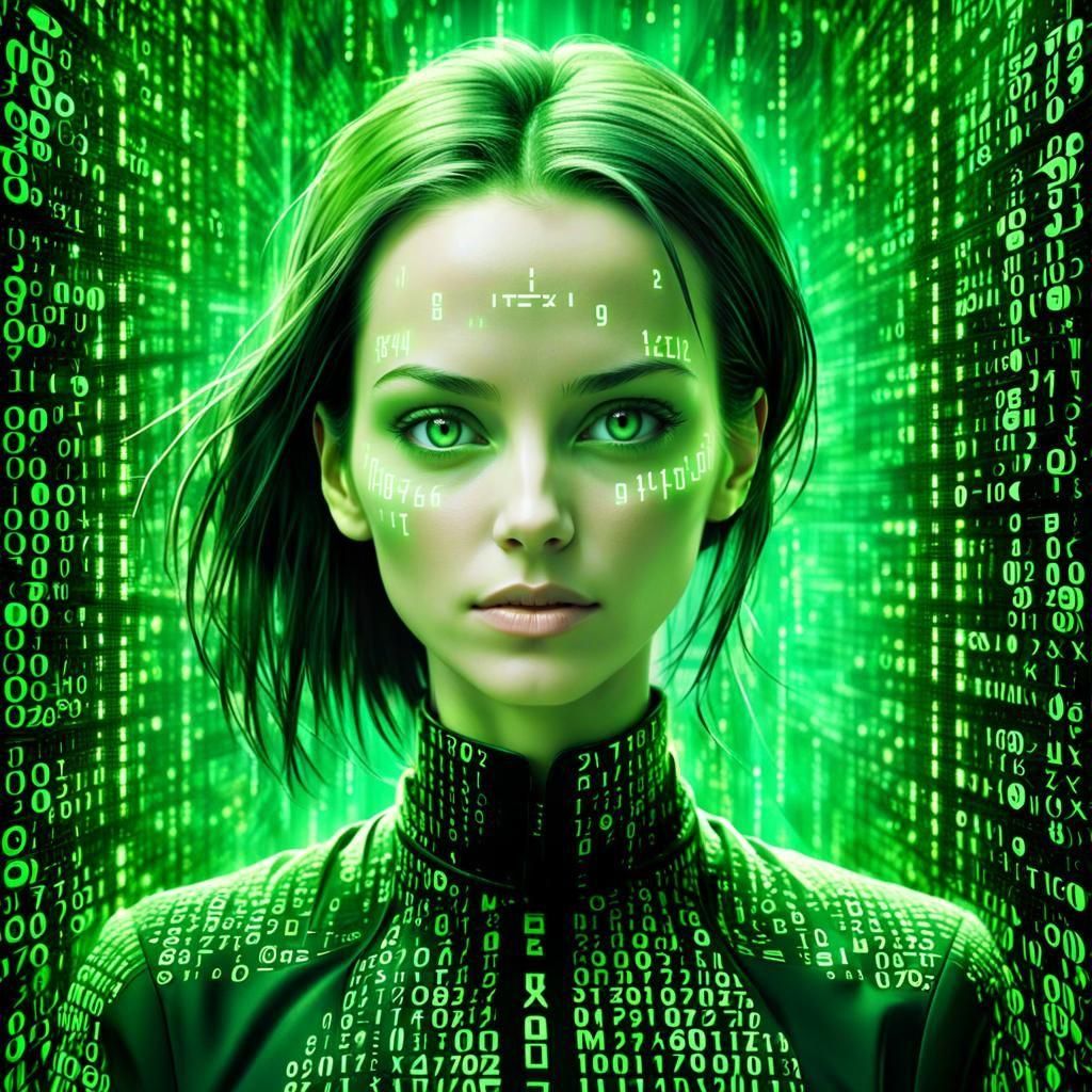 Matrix Style Portrait of Woman in Binary Starscape