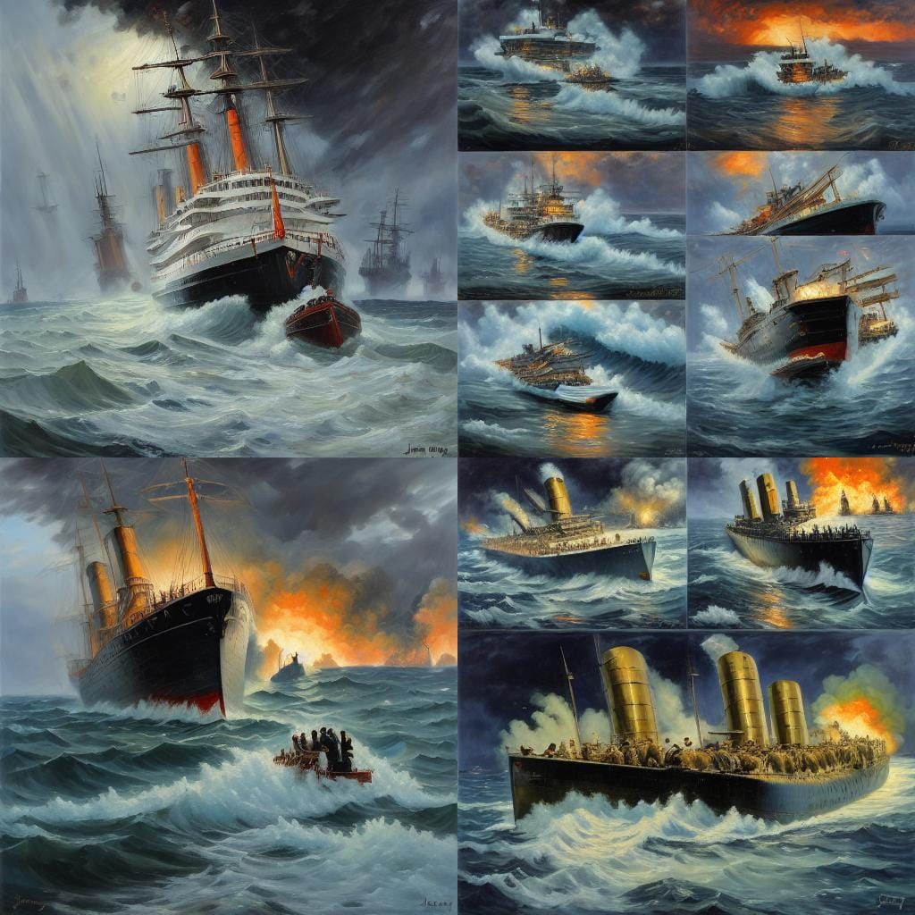 Warship Sinking: Oil Painting of Panic at Sea
