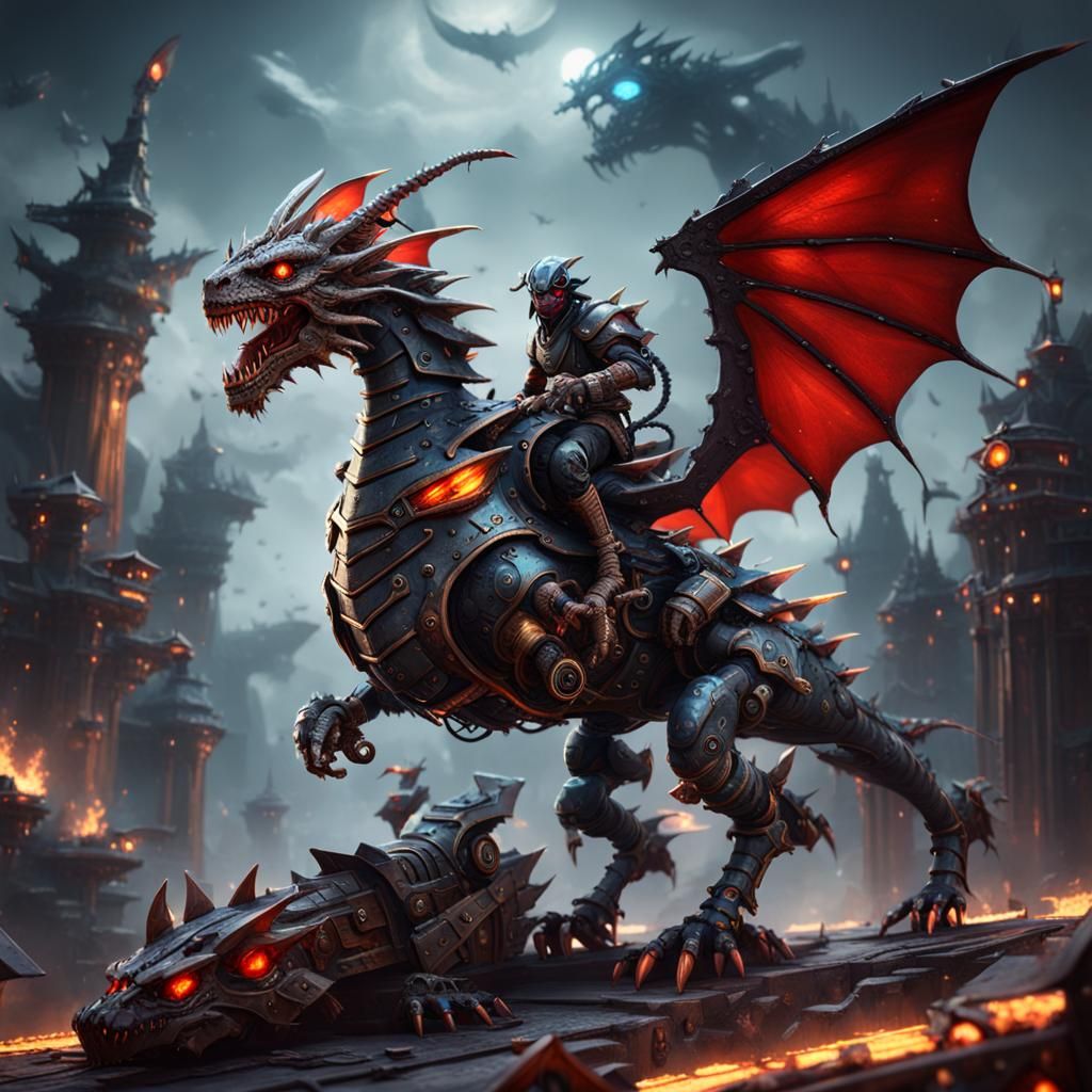 Goblin Rides a Robotic Dragon in Detailed Digital Art